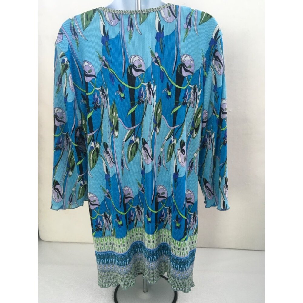 Notations Top Women Size 1X Crinkle Blue Green Black Gray Floral 3/4 Sleeves - Picture 4 of 14